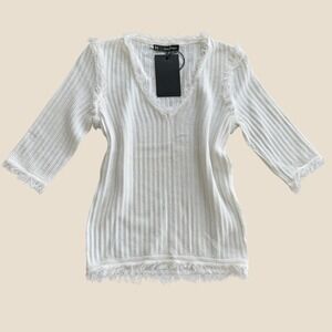 DSquared2 Cotton Fringe White Ribbed V-Neck Sweater Designer 3/4 Sleeve NWT - S